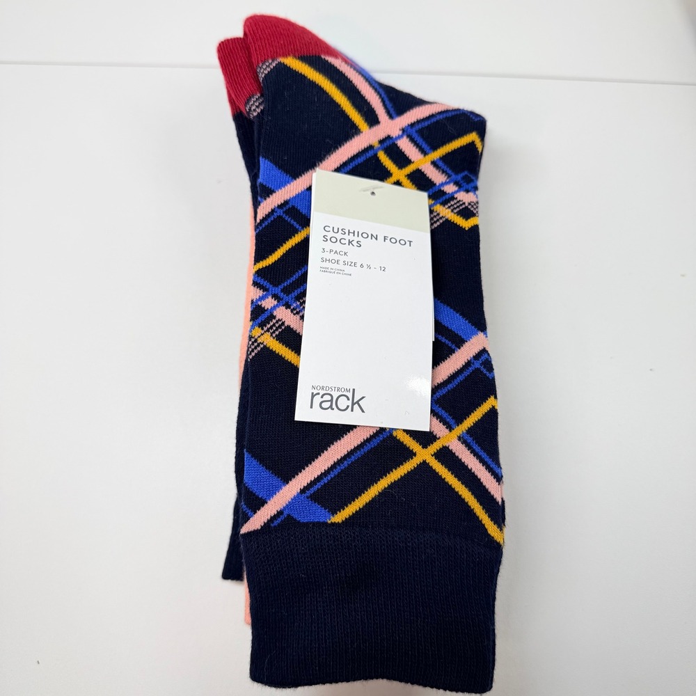 Nordstrom Rack Cushion Foot Socks 3-Pack Mens 6.5-12 Navy Blue Plaid Striped